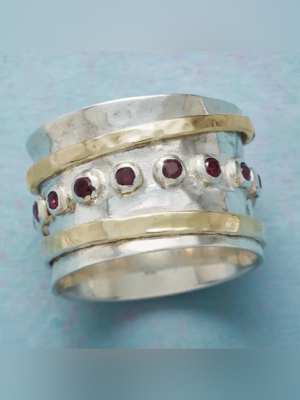 Two-Tone Silver and Gold Wide Band Ring with Red Gem Accents